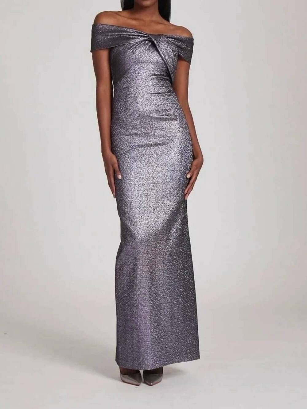 NEW TERI JON metallic twist front gown in steel